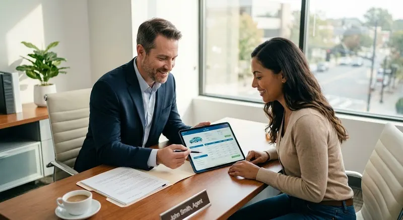 Agent and driver reviewing a California auto insurance quote