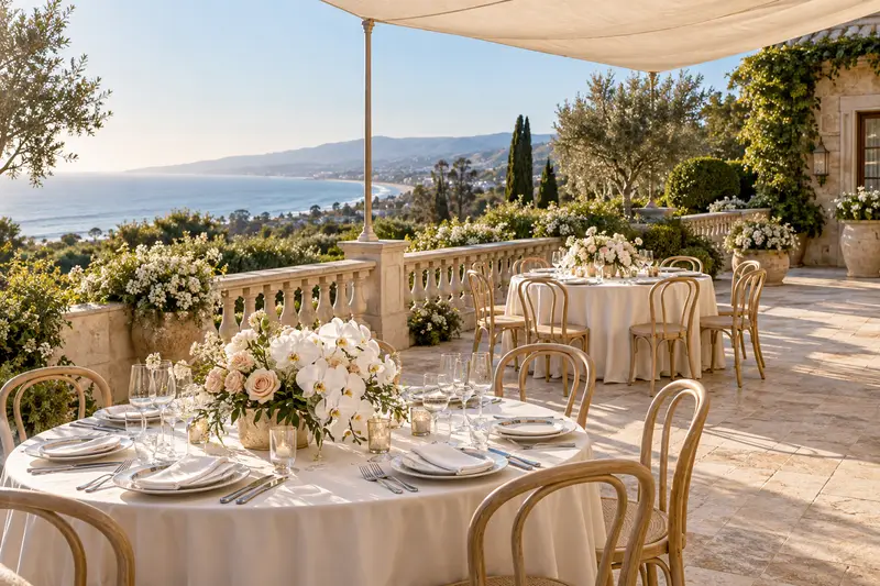 Coastal California event venue terrace set for a reception