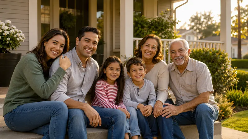 California family sitting together outside their home, protected by life insurance coverage