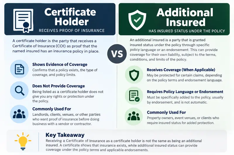 Certificate holder vs additional insured for California event insurance