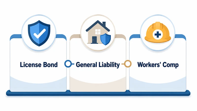 Diagram showing how a license bond, general liability, and workers comp work together for contractors