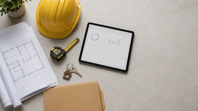 Blueprints, hard hat, and shop keys arranged on a desk representing bundled contractor and retail business insurance coverage