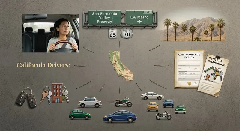 Flat design illustration of factors that affect the cost of California car insurance