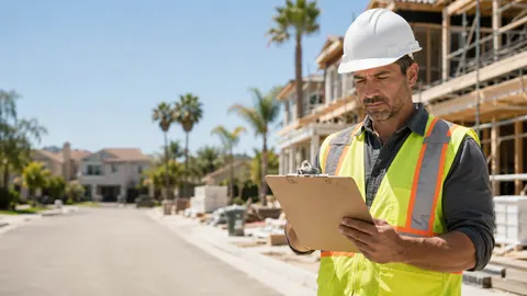 General contractor reviewing insurance documents at a San Fernando Valley job site