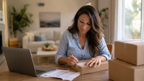 Woman running a home-based business in California, labeling shipping boxes at her home-office desk with a laptop and packing supplies