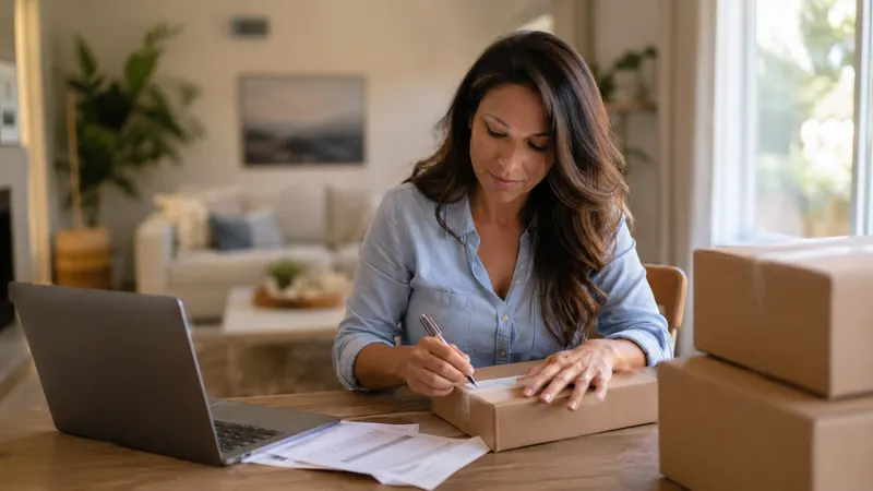 Woman running a home-based business in California, labeling shipping boxes at her home-office desk with a laptop and packing supplies
