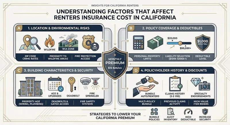 Illustration of factors that affect renters insurance cost in California