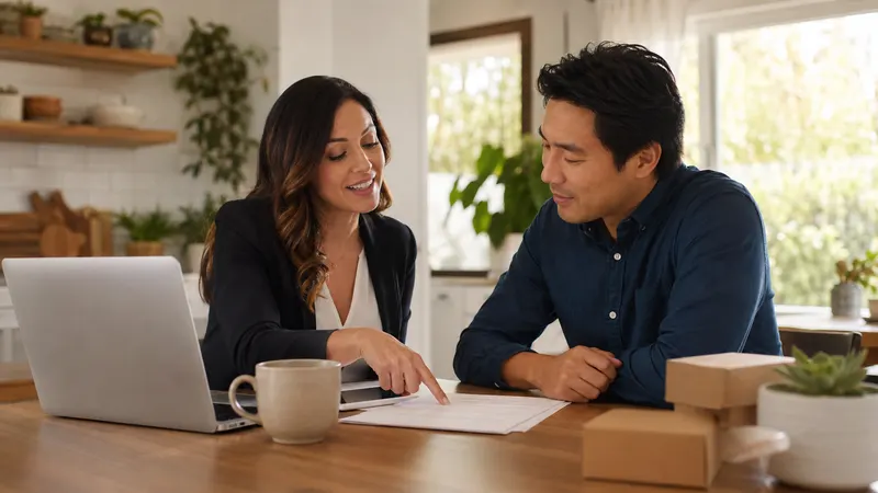 Licensed insurance agent reviewing home-based business insurance coverage with a small-business owner at a kitchen table in California