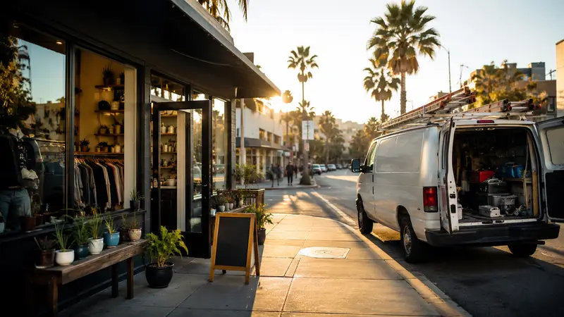 Los Angeles small business street with a retail storefront and a contractor work van parked at the curb