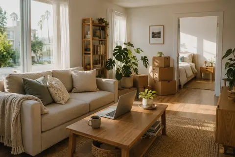 Furnished North Hollywood apartment with moving boxes, illustrating a first-time renter's move-in day