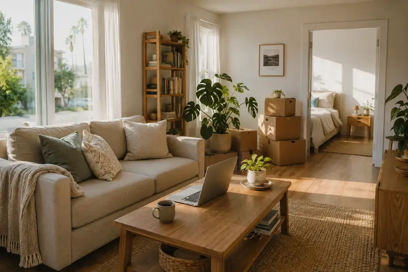 Furnished North Hollywood apartment with moving boxes, illustrating a first-time renter's move-in day