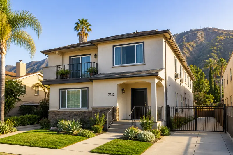 Two-story rental property in a Northridge neighborhood in the San Fernando Valley, representing a home covered by landlord insurance