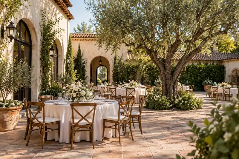 Outdoor California wedding venue with reception tables and floral decorations