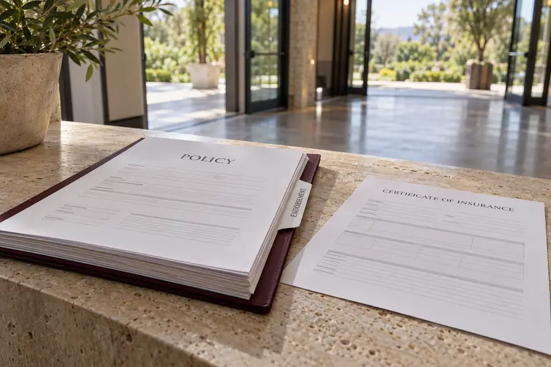 Sample insurance certificate beside policy documents and an endorsement tab