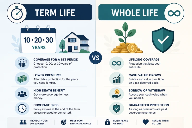 Infographic comparing term life and whole life insurance features for California families