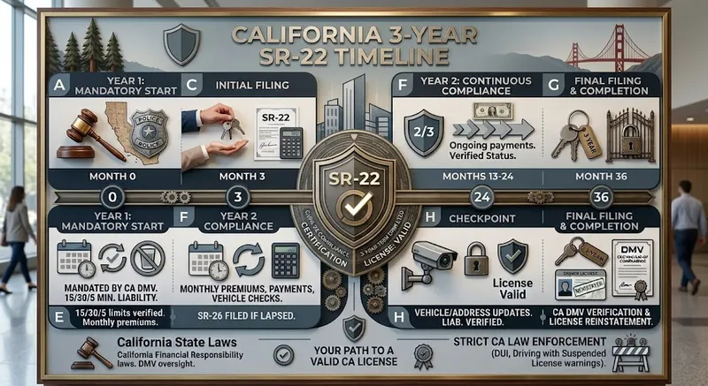 Timeline illustration of a three-year SR-22 requirement in California