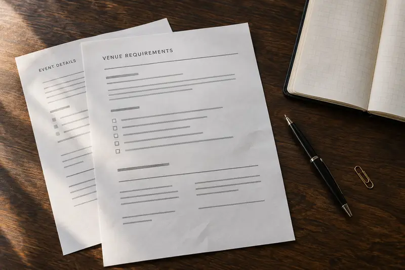 Venue insurance requirements and event details beside a planner and pen