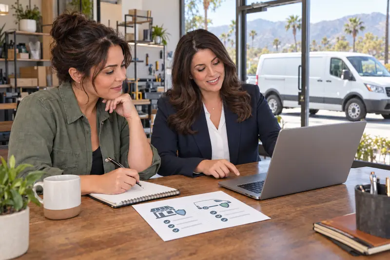 San Fernando Valley small-business owner reviewing liability and commercial auto insurance.