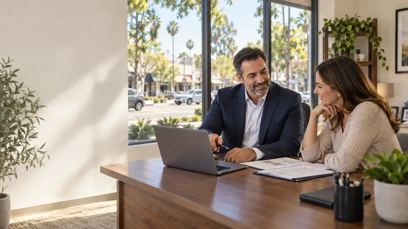 Local insurance agent helping a customer compare coverage at a Tarzana insurance office.