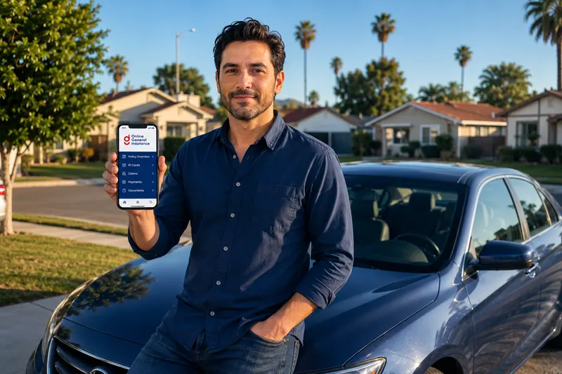 Driver checking an auto insurance quote on a smartphone next to their car in a California driveway