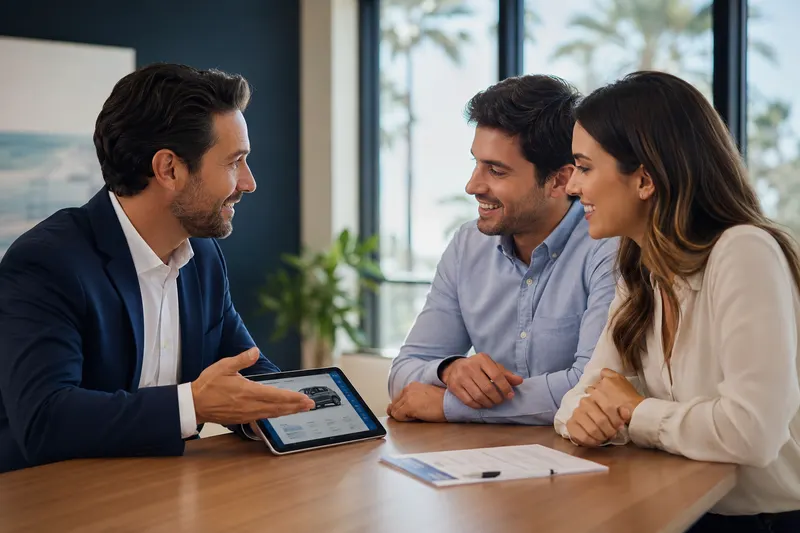 An insurance agent reviewing auto insurance policy options with a couple in a bright office in Tarzana, CA