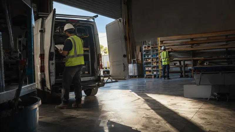Contractors loading equipment at a California warehouse, representing general liability and workers' compensation coverage for small businesses