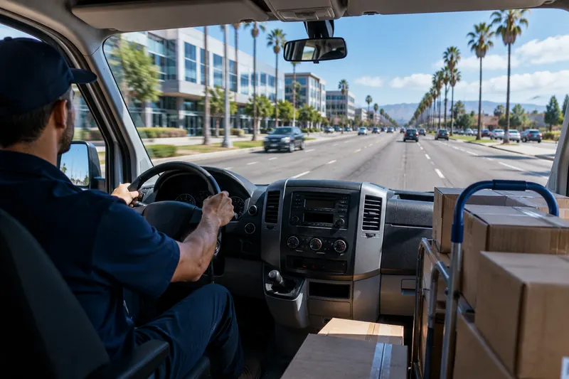 Commercial delivery van driving on a California road with cargo in transit, with hired, non-owned, and cargo coverage from Online General Insurance in Tarzana, CA