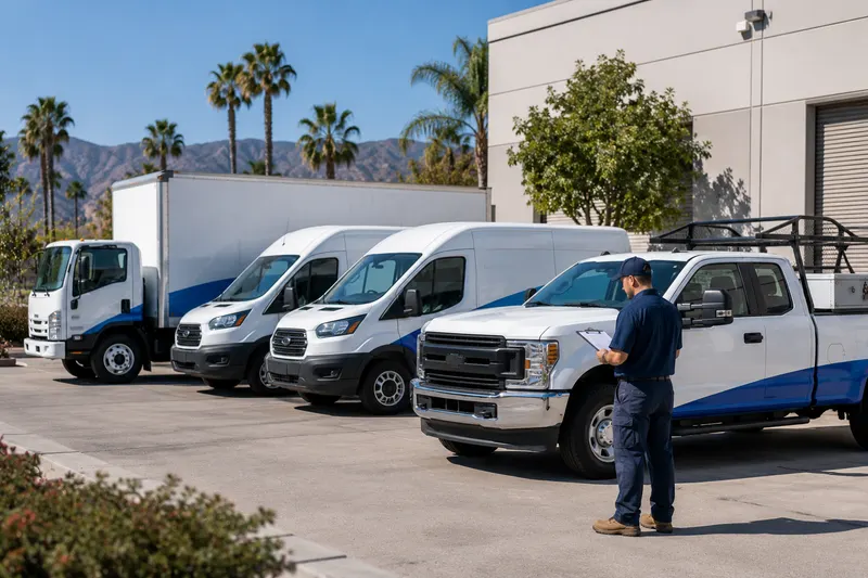 Business fleet of commercial vans and trucks with a driver reviewing a checklist, covered by commercial auto and fleet insurance from Online General Insurance in Tarzana, CA