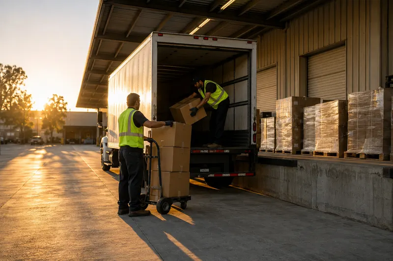 Workers loading cargo into a box truck at a California loading dock, representing inland marine and commercial property coverage for goods in transit