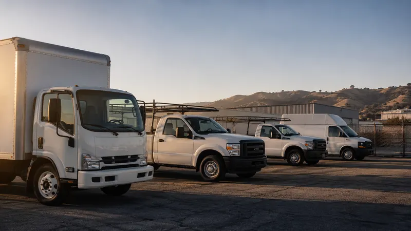 Commercial work trucks parked in a California fleet yard at sunrise, representing commercial truck and fleet insurance coverage