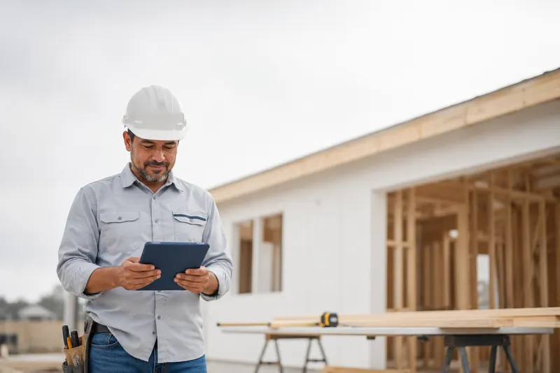 Contractor reviewing a certificate of insurance on a tablet at a clean job site, representing general liability coverage for contractors and small businesses