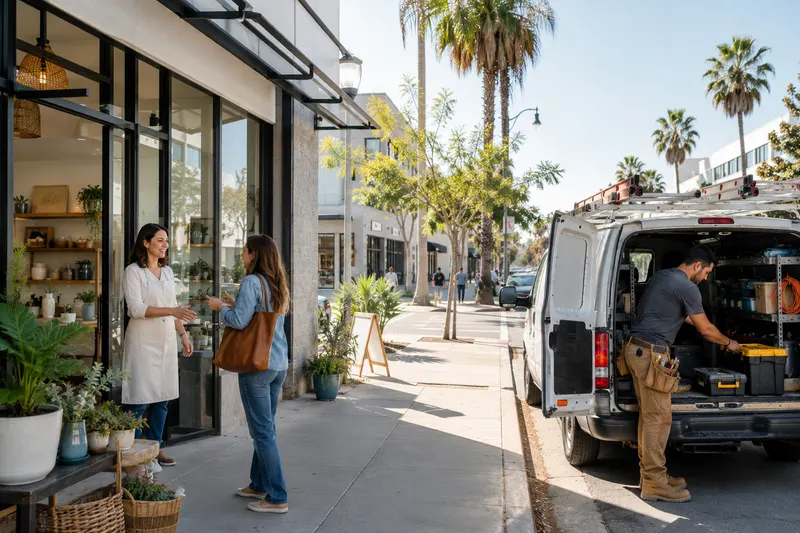 Small business owner greeting a customer inside a bright California storefront, illustrating premises liability and general liability insurance coverage