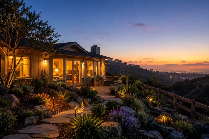 California hillside home at dusk representing wildfire-resilient homeowners insurance coverage