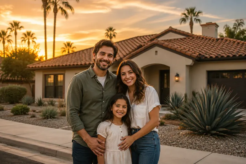 Family standing together outside their California home surrounded by warm evening light