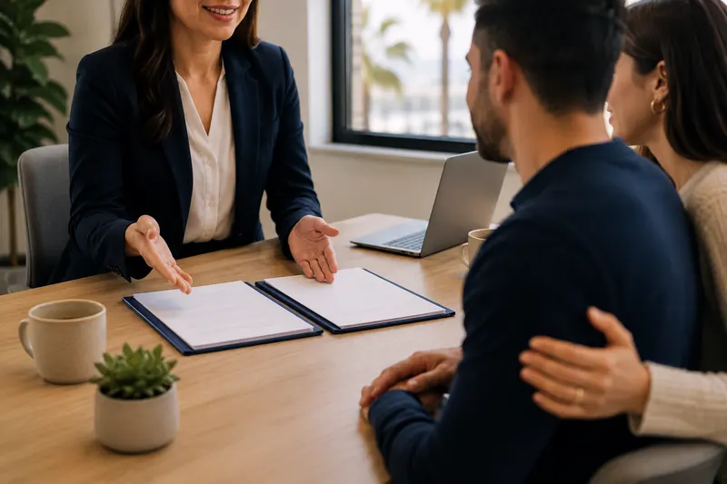 Licensed agent comparing term and whole life insurance options with a couple at an office in Tarzana, California