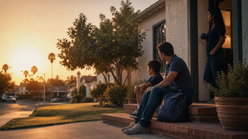 Family outside their Southern California home at sunset, representing the mortgage protection and income replacement life insurance provides
