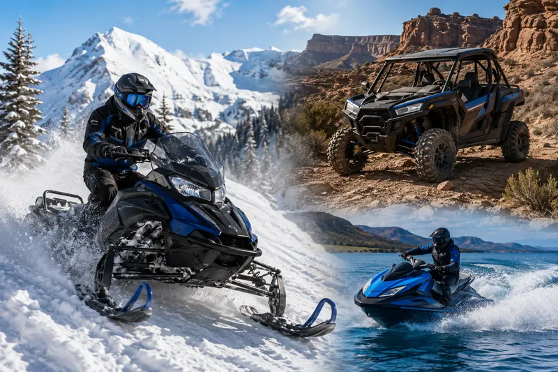 Snowmobile, UTV, and jet ski across snow, trail, and lake for year-round recreational insurance from Online General Insurance in Tarzana, CA