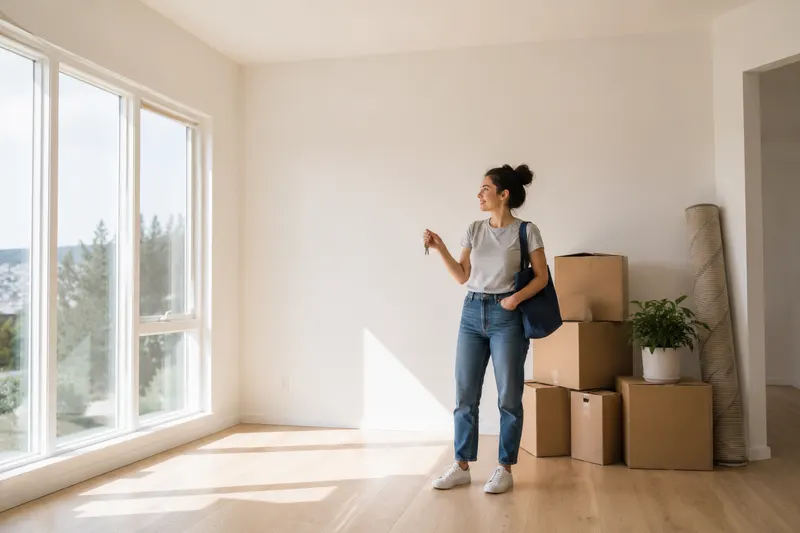 Renter holding apartment keys among moving boxes in a bright empty apartment, representing renters insurance protection when moving into a rental