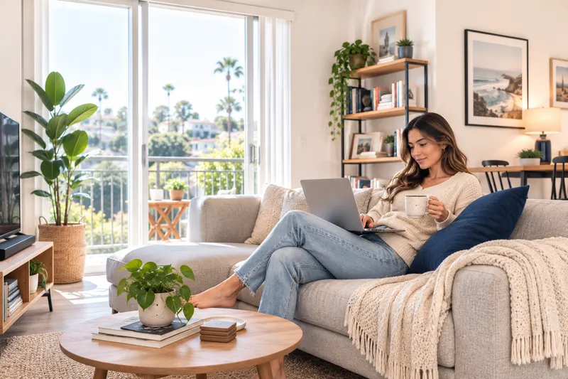 Young renter relaxing in a bright, tidy apartment with personal belongings, illustrating renters insurance for belongings and everyday living