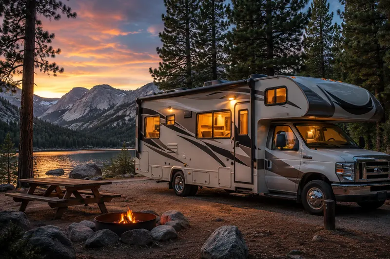 Motorhome parked at a scenic campground at sunset with warm interior lighting, illustrating RV insurance coverage for safe road trips and outdoor adventures