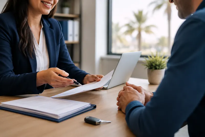 Licensed insurance agent helping a driver complete a same-day SR-22 DMV filing at an office in Tarzana, California
