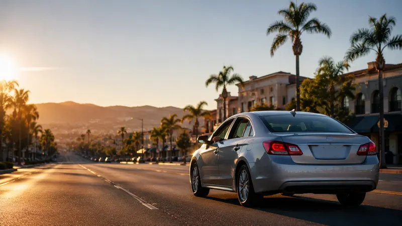Silver sedan driving on a San Fernando Valley boulevard at sunset, representing restored driving privileges after an SR-22 filing in California