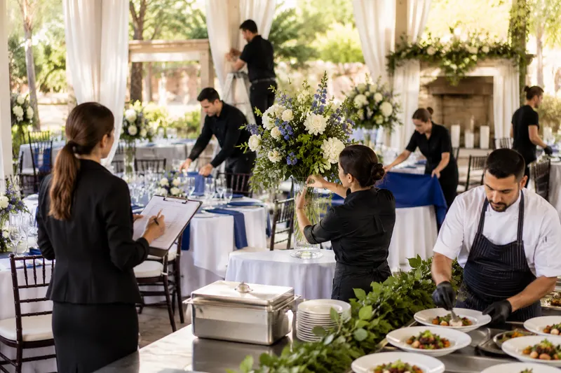Wedding planner with clipboard coordinating florist, catering staff, and vendors setting up an event, with vendor failure and liability coverage from Online General Insurance in Tarzana, CA