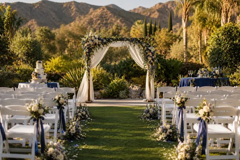 Elegant outdoor wedding ceremony venue with floral aisle and arch, covered by wedding and event insurance from Online General Insurance in Tarzana, CA